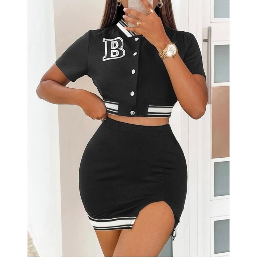 Black & White Matching Varsity Style Skirt Set